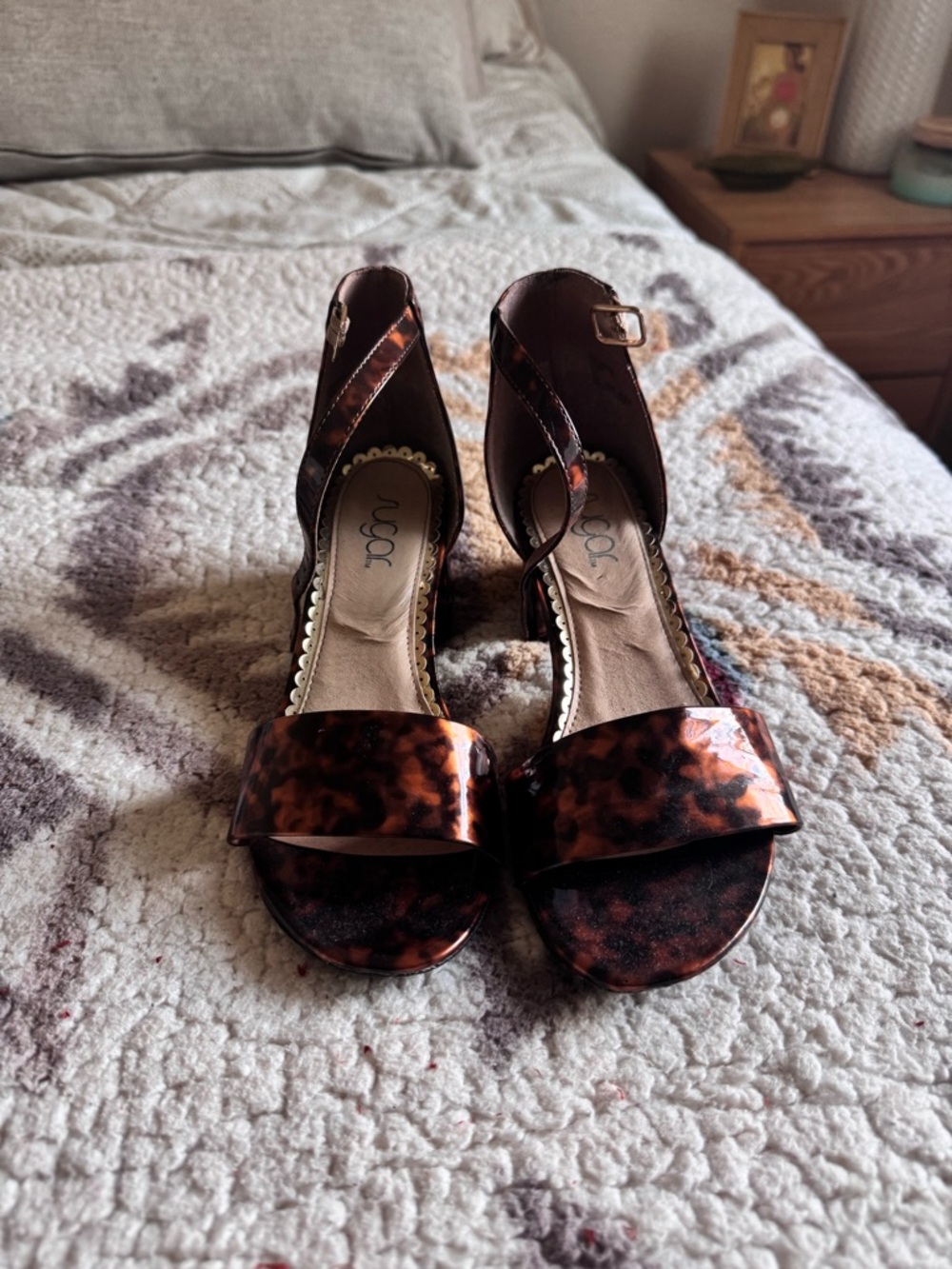 Source Unknown Tortoiseshell Patent Ankle-Strap Heels